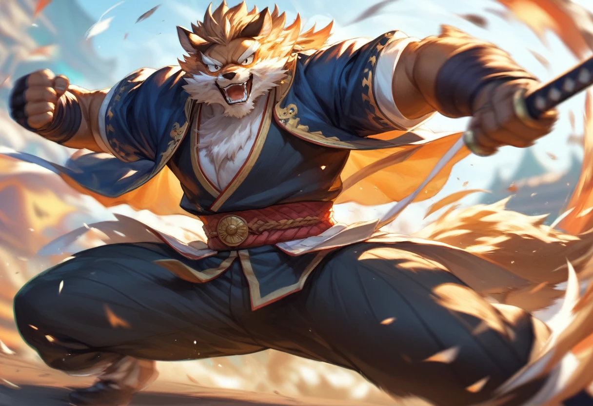 top quality, high-quality illustrations((masterpiece))depth of field, motion blur, absurdres, Perfect Anatomy, magnificent picture of kemono fighting fierce battles, kemono, 1boy, solo focus, Anthro((dramatic))epic, weapon, dynamic pose, One scene of movie,