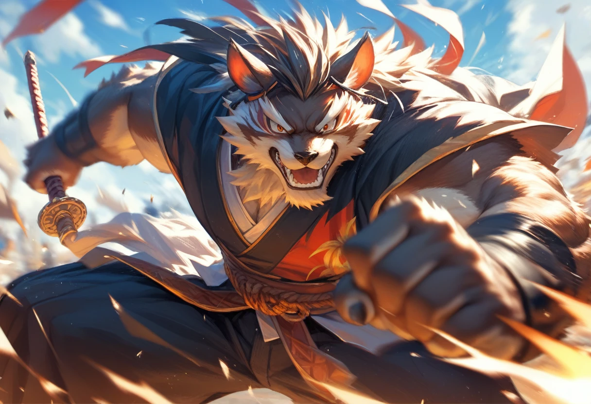 top quality, high-quality illustrations((masterpiece))depth of field, motion blur, absurdres, Perfect Anatomy, magnificent picture of kemono fighting fierce battles, kemono, 1boy, solo focus, Anthro((dramatic))epic, weapon, dynamic pose, One scene of movie,