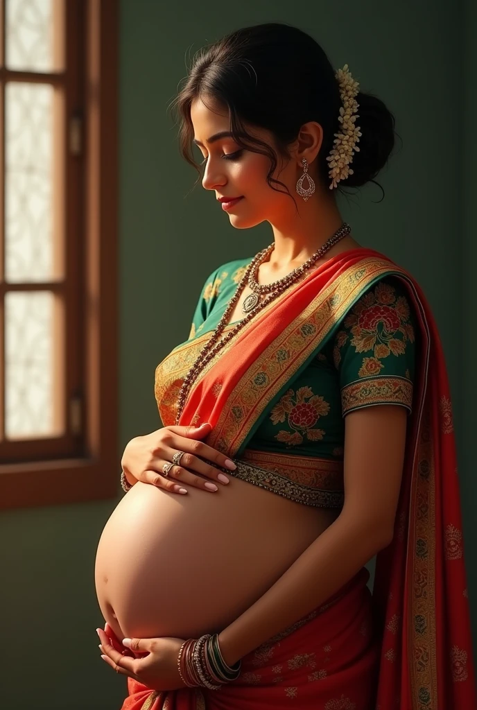 A pregnant mother in south indian attire
With peaceful expression on her face with closed eyes
No revealing of any belly skin
But belly should be appear so that everyone can understand she's pregnant