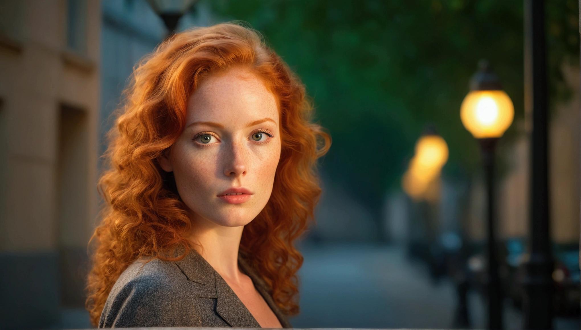 Realistic portrait of a beautiful natural red haired adult woman with a mysterious look with herself as the main subject. She has natural light red hair that is long, curly and voluminous, her skin is pale, her face is round with a few freckles, and her eyes are bright honey-colored, characteristic of a natural red haired woman. She is dressed in a beautiful, sophisticated dress and looks at the camera with a penetrating, mysterious gaze, in a nocturnal outdoor setting that suggests a beautiful square with lampposts, trees, grass and benches. The artificial side lighting is warm, highlighting the woman's face and eyes, creating soft shadows and reinforcing the mysterious tone of the scene. The background is blurred to suggest a dimly lit environment and focus on the main subject, with a bokeh effect of a few points of light suggesting streetlamps. High-resolution professional photography with extreme detail.