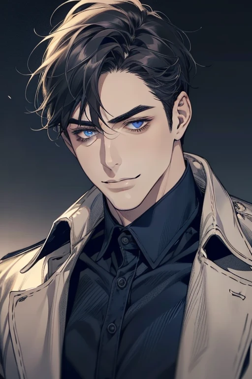 masterpiece, best quality, realistic, 1man, mature male, quiet and charming mature man, 34 years old, smirk and look on the side, closed mouth, portrait, extremely detailed face, smirk, (dark blue eyes), (short-side-swept sandy grey black hair)), [thick eyebrows], (detective clothing)