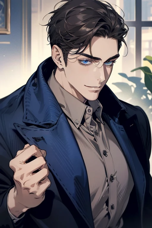 masterpiece, best quality, realistic, 1man, mature male, quiet and charming mature man, 34 years old, smirk and look on the side, closed mouth, portrait, extremely detailed face, smirk, (dark blue eyes), (short-side-swept sandy grey black hair)), [thick eyebrows], (detective clothing)