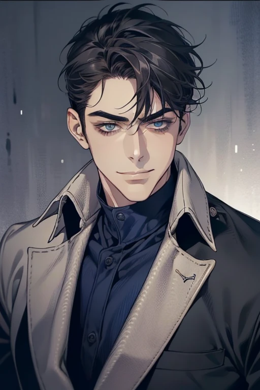 masterpiece, best quality, realistic, 1man, mature male, quiet and charming mature man, 34 years old, smirk and look on the side, closed mouth, portrait, extremely detailed face, smirk, (dark blue eyes), (short-side-swept sandy grey black hair)), [thick eyebrows], (detective clothing)