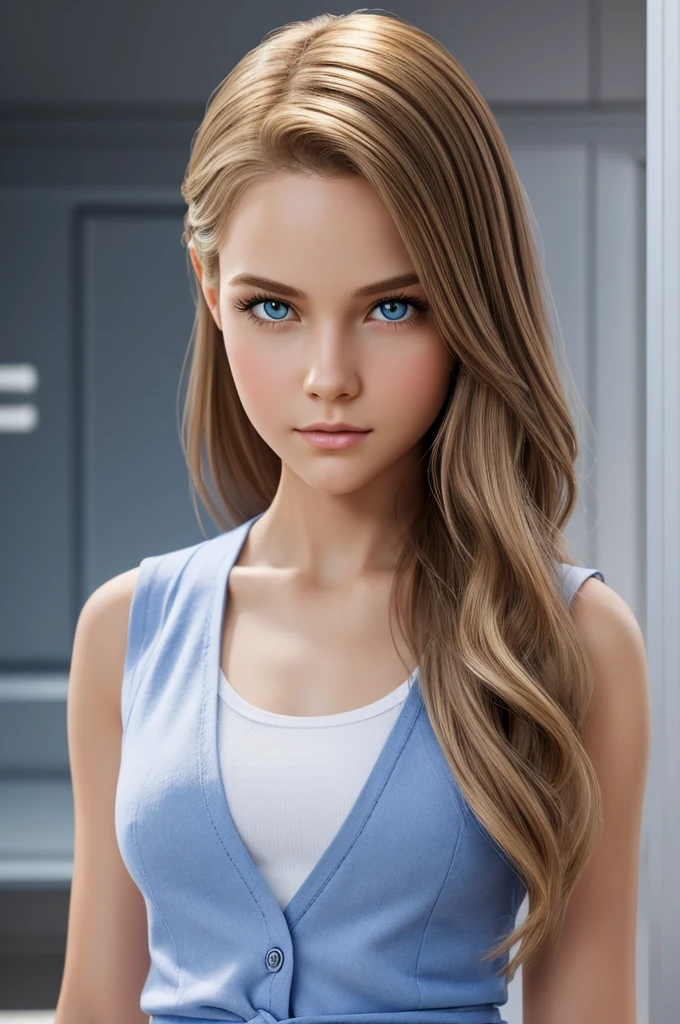 Create a full body image of a young female with life like features, flawless skin, delicate features. wearing a white shirt, and blue and grey vest plaid school uniform and she should be of slender build with small breasts and narrow waist and hips. This girl should have a hyper-realistic face with clear crystal blue almond shaped eyes and very long thigh length golden blonde hair with a blue ribbon on the side of her head, the hair should be wide and full. This image should be forward facing the viewer. The image should highlight a sharp focus, rendered in ultra high definition using recursive ray tracing. The style should be inspired by animation, but done in a detailed and realistic manner, rather than in the style of any specific studio or artist. Please do not use any Disney character for reference.