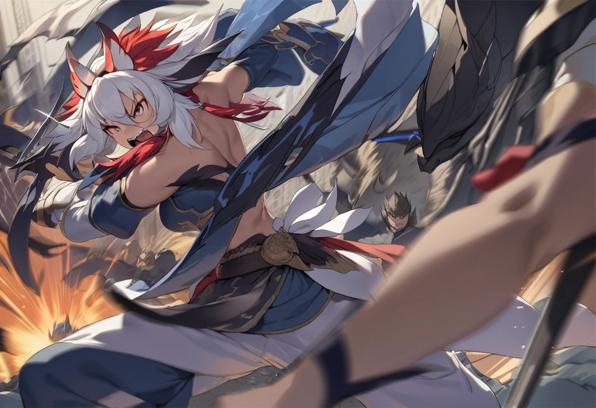 top quality, high-quality illustrations((masterpiece))depth of field, motion blur, absurdres, Perfect Anatomy, magnificent picture of kemono fighting fierce battles, kemono, 1boy, solo focus, Anthro((dramatic))epic, weapon, dynamic pose, One scene of movie,