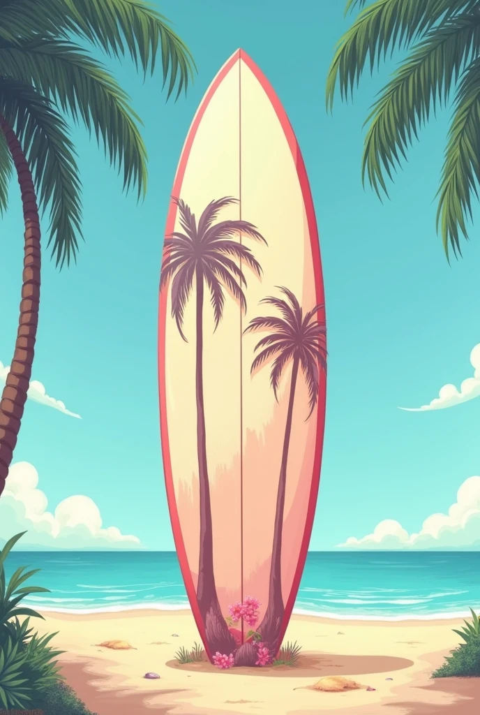 Surf board stand on the beach with green pastel colors and some palm trees painted on the board. Painting style.