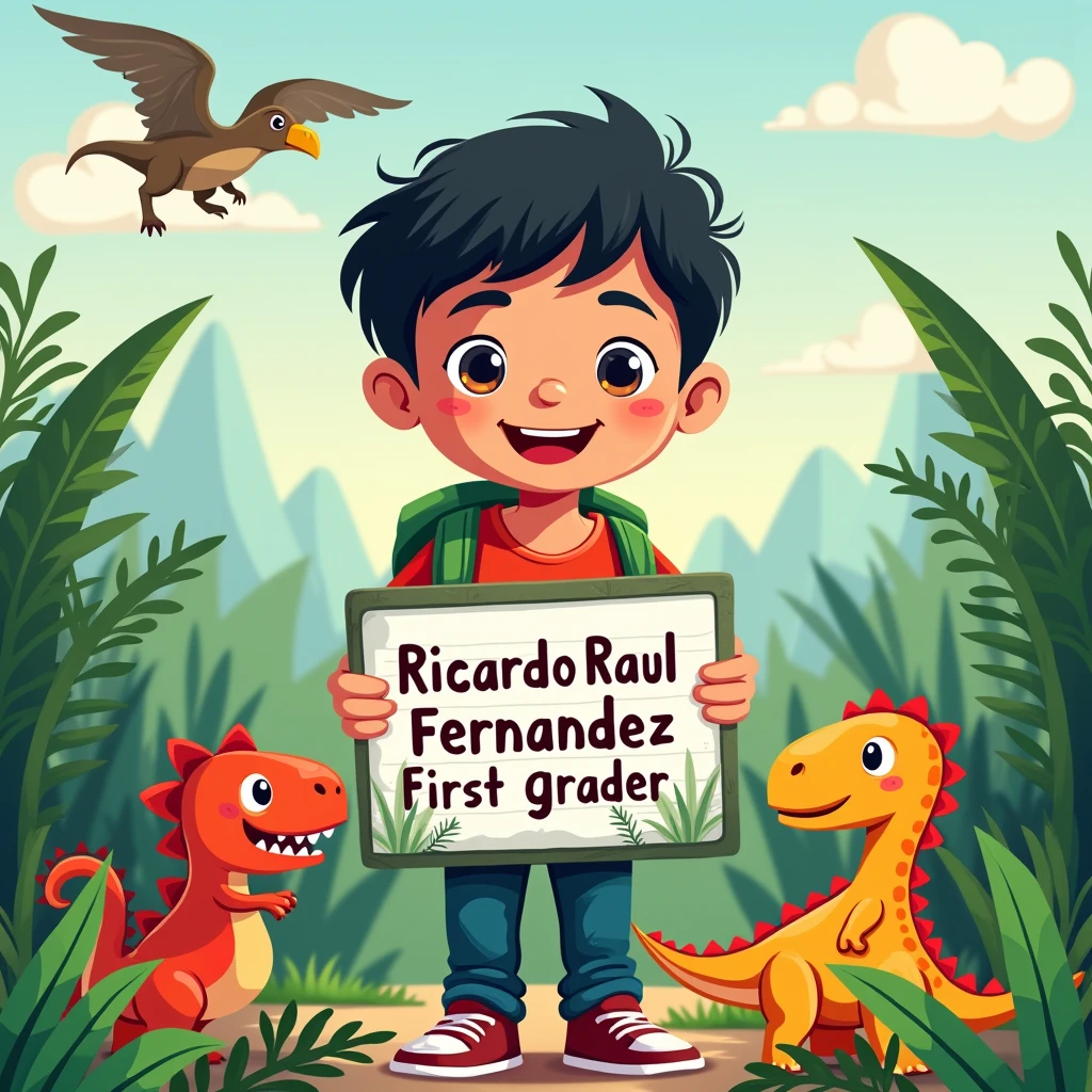 A dinosaur-themed school label. Containing the following information Name: Ricardo Raul Fernandez Grade: 1 st grade