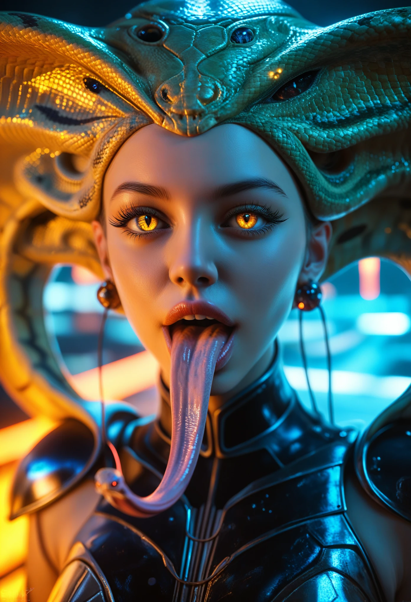 score_9, score_8_up, score_7_up, 1 female medusa alien, A scene from a horror movie, beautiful detailed eyes, A third eye on the forehead, beautiful detailed lips, extremely detailed face and eyes, long eyelashes, (long tongue like a snake:1.2), intricate insect-like features, glowing compound eyes, scythe-like forelimbs, alien carapace, vibrant colors, futuristic sci-fi environment, neon lights, glowing energy field, complex technological architecture, dramatic lighting, cinematic atmosphere, award winning digital art, hyper realistic, 8k, high quality, masterpiece, Bioluminescence, Translucent armor, thespiritde, concept art, hypre detailed moist skin texture, (Best Quality, 4K, 8K, High Definition, Masterpiece:1.2), (Ultra Detailed, Realistic, Photorealistic:1.37),