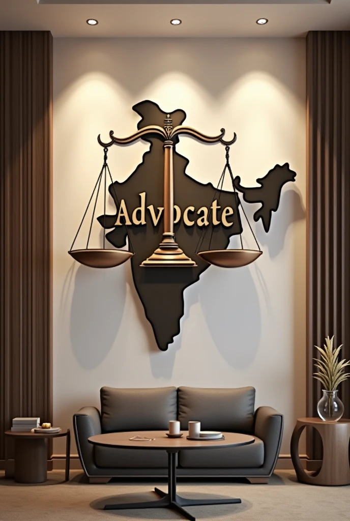 Interior decor for an advocate office with beautiful wall sculpture on one wall with advocate written on it and with symbol of justice balance scale with Indian map