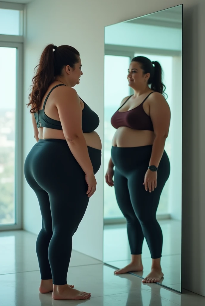 "an ideal overweight woman looking at a healthier, more active version of herself through a futuristic mirror, symbolizing the potential for transformation."