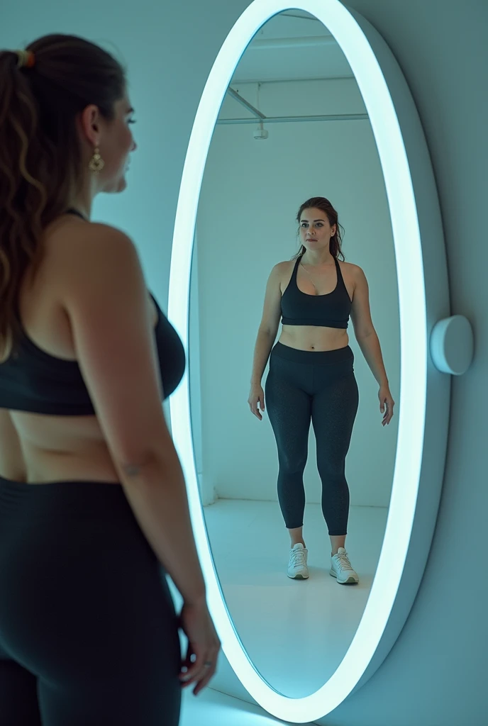"an ideal overweight woman looking at a healthier, more active version of herself through a futuristic mirror, symbolizing the potential for transformation."
