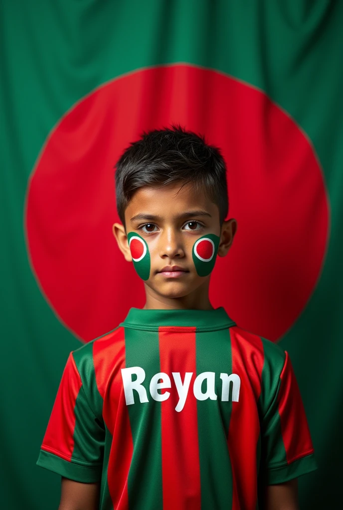 A 13 Year old boy in front of the Bangladeshi flag on the back wearing the Jersey of Bangladesh. The Jersey has Name Reyan written in English and the Face are covered in red color flag.