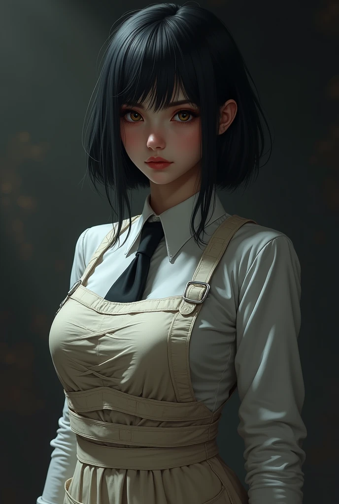 ((masterpiece, best quality)), (1 Girl), (Solitary), (Women&#39;s Focus), night (Chainsaw Man),(Very rich facial details, Real images, Realistic white skin, Realistic body, Intricate details), Upper Body, Serious , Brown eyes, Looking at the audience, bandage over the body, Black Hair, Long-sleeved shirt, Apron Dress, Black tie, bandage, bandage, Small Breasts