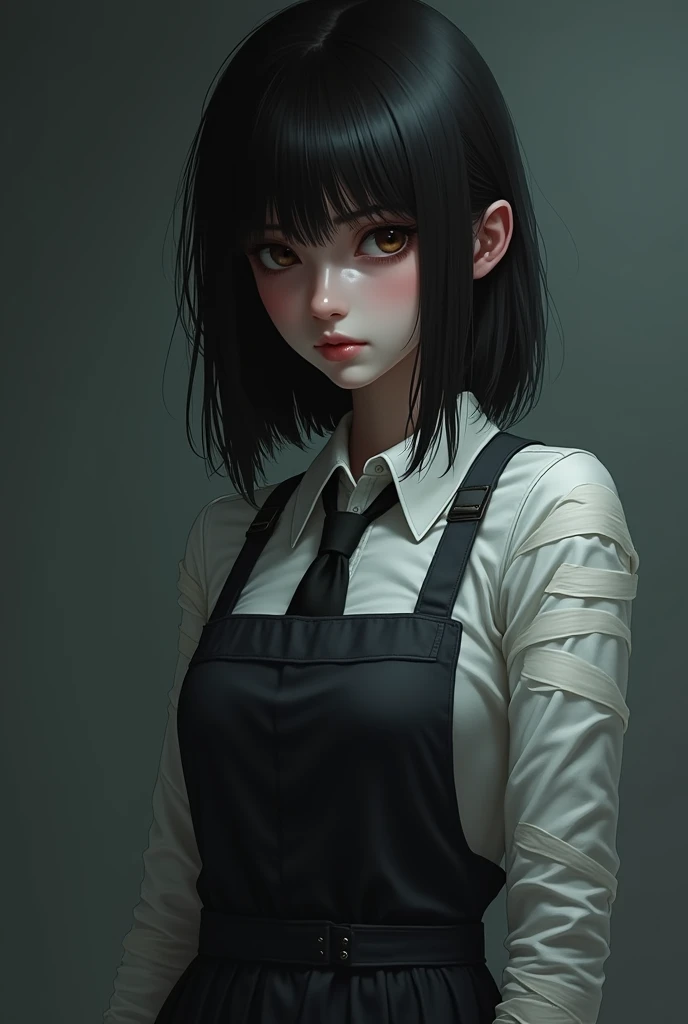 ((masterpiece, best quality)), (1 Girl), (Solitary), (Women's Focus), night (Chainsaw Man),(Very rich facial details, Real images, Realistic white skin, Realistic body, Intricate details), Upper Body, Serious , Brown eyes, Looking at the audience, bandage over the body, Black Hair, Long-sleeved shirt, Apron Dress, Black tie, bandage, bandage, Small Breasts