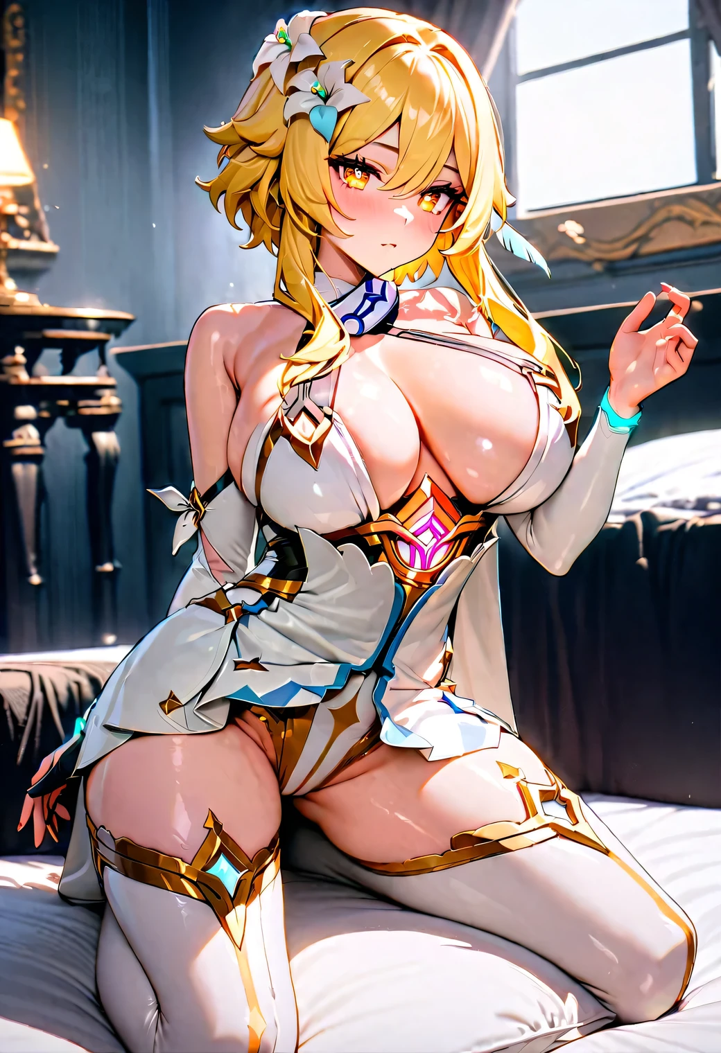 absurdres, masterpiece, best quality, ultra high quality, ultra high res, top tier, 8k, cinematic, depth of field, elegant, ultra detail, hyper detail, gradient color, 1 female, lumine from genshin impact, yellow hair, flower on hair, lumine, perfect hands, detailed face, detailed eyes, detailed hair, detailed hand, detailed fingers, beautiful face, beautiful skin, beautiful hair, beautiful hands, beautiful eyes, shiny eyes, shiny hair, perfecteyes, huge breasts, cute face, luminous eyes, multicolored hair, perfect anatomy, delicate and sexy body, full body, indoors, bedroom, on bed, random pose, fully clothes