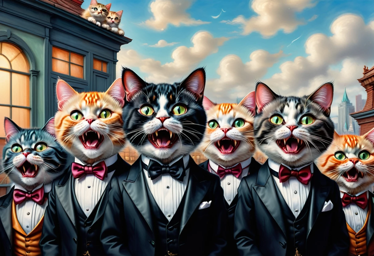 Louis William Wain and Mark Ryden-inspired digital art. Cats in tuxedos screaming like opera singers on the roof. They open their mouths and shout . Asahi Spring. 32K. hyper-detailed., Sharp focus, Studio Photo, Ultra HD, Realistic, Vibrant colors, Very detailed, Pen and ink, Perfect composition, Beautiful and sophisticated、Highly detailed Octane renderings are trending on Art Station, 8K Art Photography, photoRealistic concept art, Perfect cinematic light with soft, natural volume.