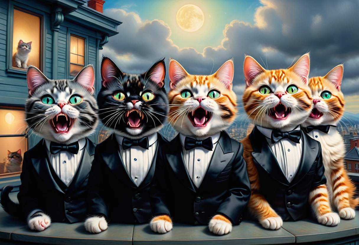 Louis William Wain and Mark Ryden-inspired digital art. Cats in tuxedos screaming like opera singers on the roof. They open their mouths and shout . Asahi Spring. 32K. hyper-detailed., Sharp focus, Studio Photo, Ultra HD, Realistic, Vibrant colors, Very detailed, Pen and ink, Perfect composition, Beautiful and sophisticated、Highly detailed Octane renderings are trending on Art Station, 8K Art Photography, photoRealistic concept art, Perfect cinematic light with soft, natural volume.