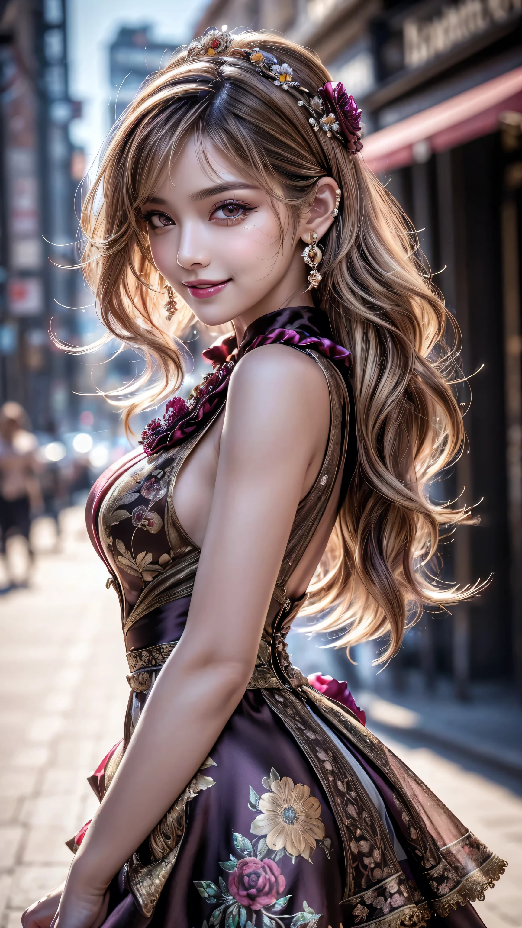 (Photorealistic realism 16K quality), ((ultra insanel quality 16K, professional digital art:1.2)), ((focus sharp on extremely Realistic Proportion Body, Anatomically Correct:1.2)), Beautiful Girl, Half Body Portrait, Black Eye Shadow, ((Street Style Wear:1.35) )), (city background:1.25), finer details, intricate, beautiful details glow, (super details beautiful, slim and sharp features), (bright pale complexion). break, (insanely detailed brown_ eyes:1.25), (tired, sleepy and satisfied:0.0), perfect round eyes, (finely detailed pupils:1.3), detailed, ((smiling, joyful face)), (perfect composition), Depth of field, cinematic light, Lens flare, dslr, best high quality soft lighting, sharp focus captured by Fujifilm XT3, f 5.6, in a dramatic lighting, ((Best Quality)) ,((masterpiece)), intricate details, dry skin, best high quality real texture skin, (A woman with velvety skin:1.3), (best high quality real texture hair), (blonde hair(wavy combed up, behind the ear:1.22)), (firm big full breasts), (slim muscled body), she is the embodiment of beauty and allure, ((Dressed in a breath taking, silk Dolce & Gabbana.Floral dress:1.3)), elegant fashion intricately detailed:1.28), floral couture, (clothes made of silk and flower:1.3), 3/5 long, (closeup to her face)
