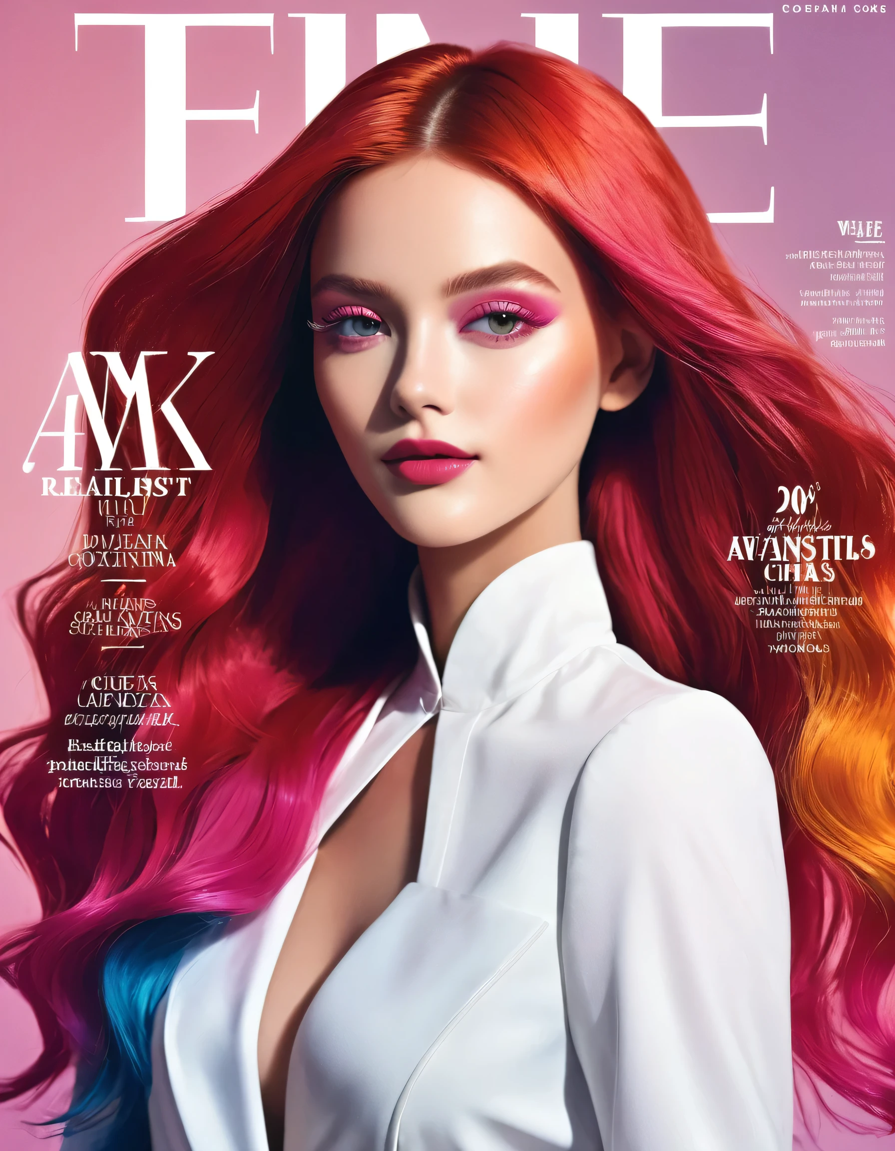 Magazine cover, esthetic, , (A girl with) vibrant colorful hair, Eye-catching pose, Rockstar Outfit edle, confident smile, Dynamic background, (Haute Couture),(realisti),(studio lighting), (best quality,4K,highres), (portrait), (best quality,4K,8k,highres,​masterpiece:1.2),Ultra-detail,(realisti,photorealisti,photo-realisti:1.37), glossy finish, bright colours, captivating design, Professional models,  Fashion Forward, Avant-garde style, innovative concepts, influential personalities, Trend-setting fashion, detailed articles, thought-provoking content, Modern lifestyle, cultural influence, timeless charm, stylish accessories, glamorous photo shoots, international appeal, Diverse perspectives, High-Fashion-Editorials, Exclusive interviews, first-class journalism, exquisite craftsmanship, visual storytelling, captivating cover story, captivating images, iconic fashion brands, Avantgardistisches Make-up, luxurious fabrics, elegant patterns, High quality printing, sophisticated layout, Trendprognose, inspiring pictures, breathtaking artistic direction, Required reading.