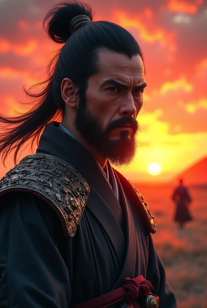 Pickle man, serious face, samurai costume, realist, sunset, musashi.