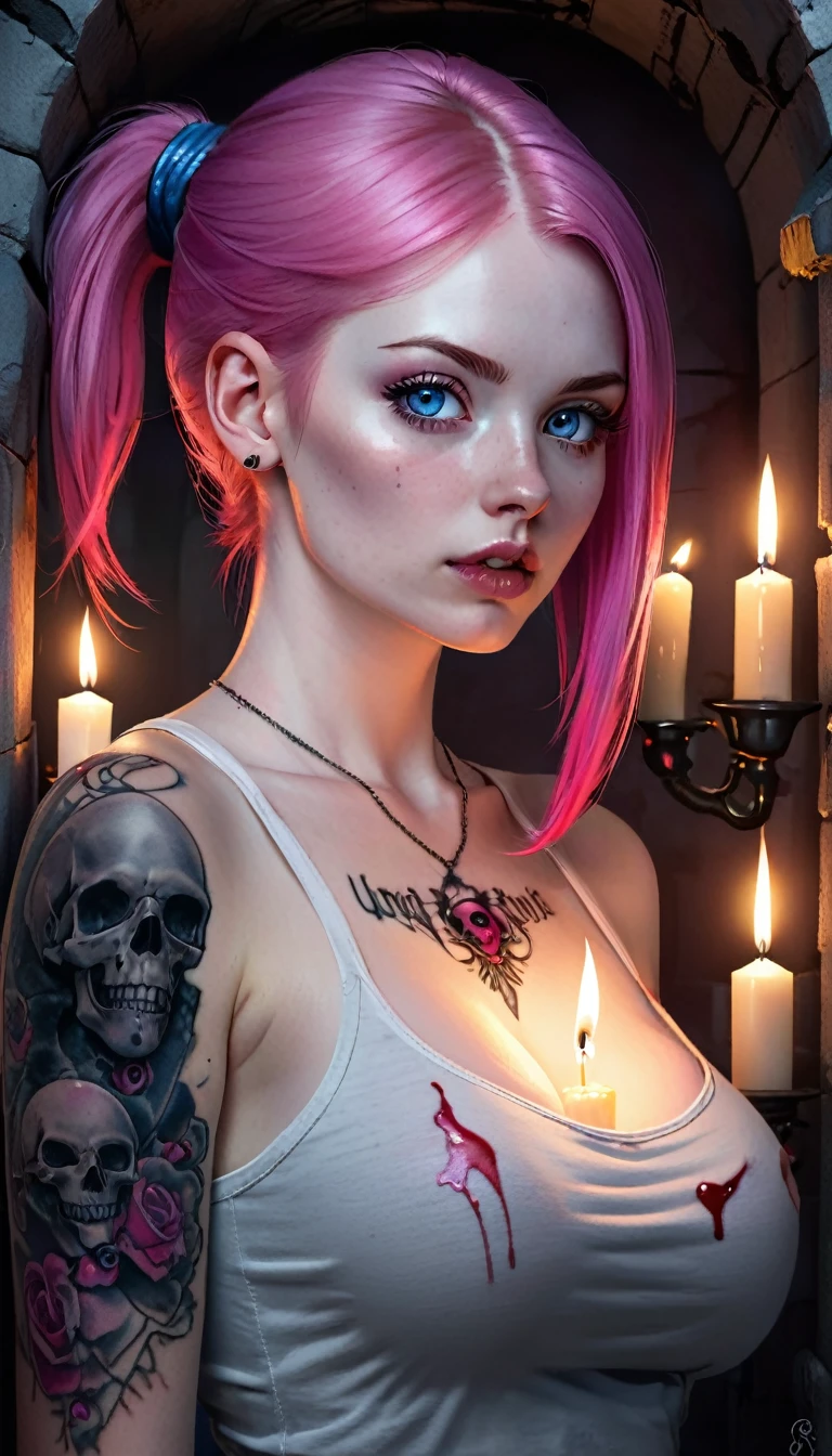 skini girl, grey t-shirt , (((((pale skin)))))), blue eyes, white girl, deep pink hair,  ultra realistic, , large breast, (((uge breast))), ponytail hair, dark tunnel full of skulls with little light background, candle lights, blood in face, scarry face, gore,((tattoo skull breast))