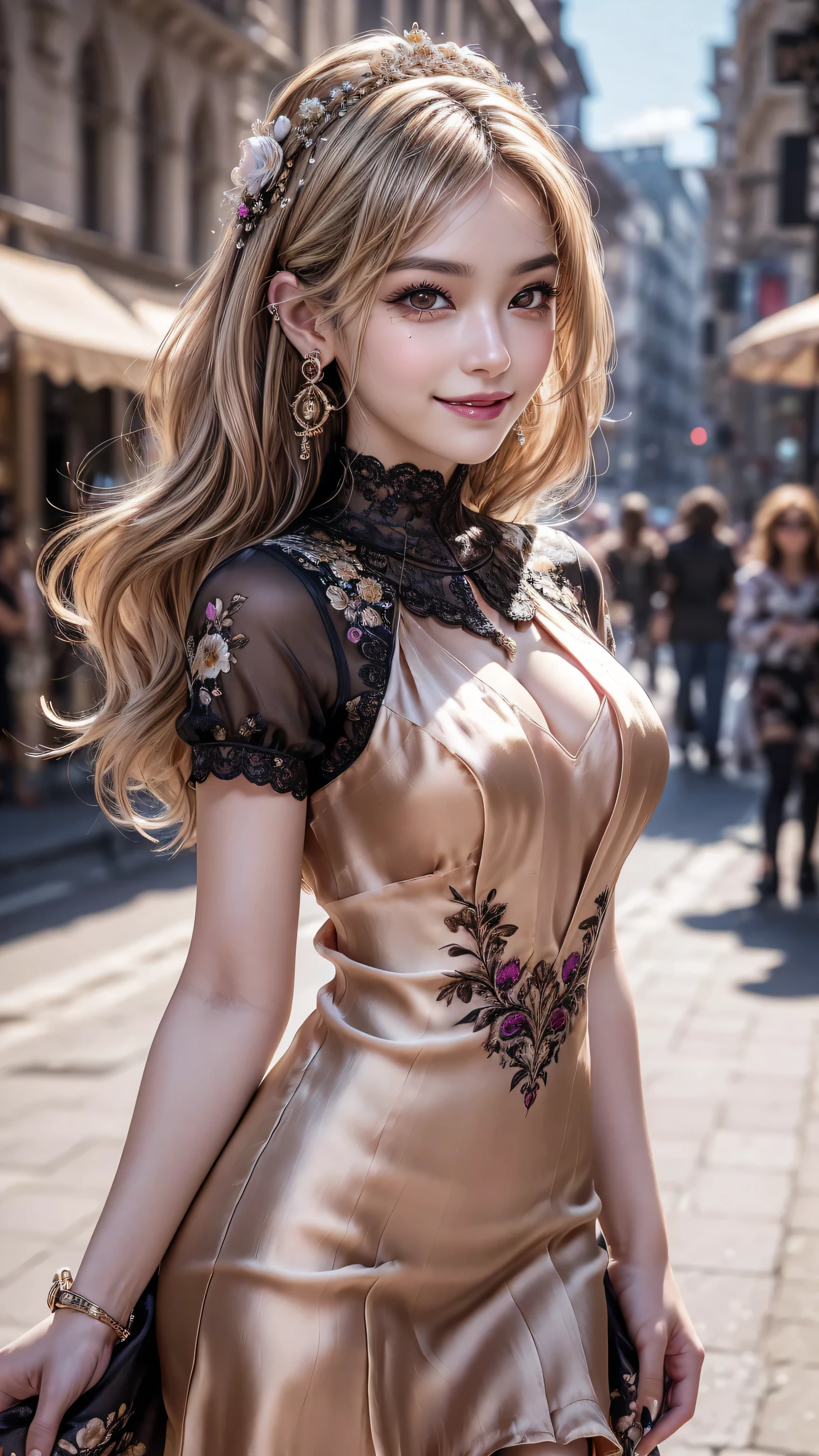 (Photorealistic realism 16K quality), ((ultra insanel quality 16K, professional digital art:1.2)), ((focus sharp on extremely Realistic Proportion Body, Anatomically Correct:1.2)), Beautiful Girl, Half Body Portrait, Black Eye Shadow, ((Street Style Wear:1.35) )), (city background:1.25), finer details, intricate, beautiful details glow, (super details beautiful, slim and sharp features), (bright pale complexion). break, (insanely detailed brown_ eyes:1.25), (tired, sleepy and satisfied:0.0), perfect round eyes, (finely detailed pupils:1.3), detailed, ((smiling, joyful face)), (perfect composition), Depth of field, cinematic light, Lens flare, dslr, best high quality soft lighting, sharp focus captured by Fujifilm XT3, f 5.6, in a dramatic lighting, ((Best Quality)) ,((masterpiece)), intricate details, dry skin, best high quality real texture skin, (A woman with velvety skin:1.3), (best high quality real texture hair), (blonde hair(wavy combed up, behind the ear:1.22)), (firm big full breasts), (slim muscled body), she is the embodiment of beauty and allure, ((Dressed in a breath taking, silk Dolce & Gabbana.Floral dress:1.3)), elegant fashion intricately detailed:1.28), floral couture, (clothes made of silk and flower:1.3), 3/5 long, (closeup to her face)