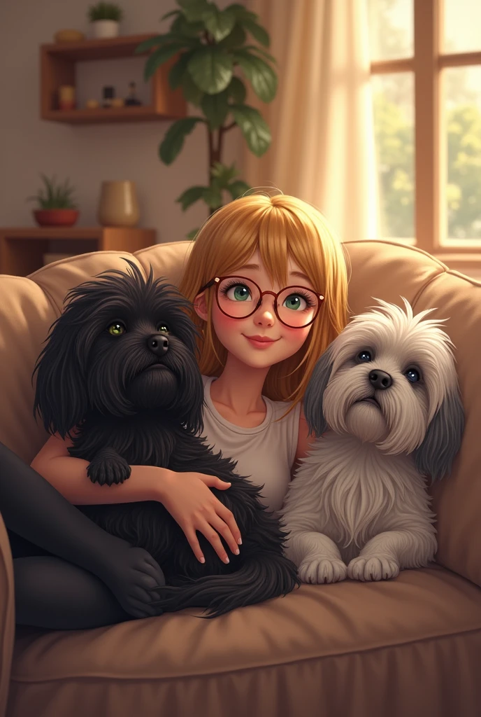 Me and my 2 Lhasa dogs, one black and the other gray, lying on an open light brown sofa, I have long hair and I'm dark blonde, I wear light glasses and I have green eyes.