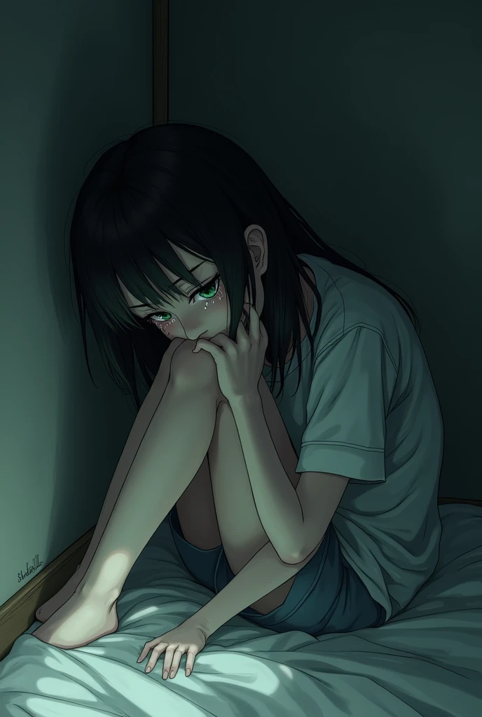 Black haired girl with green eyes crying in the corner of her bed collapsed on her knees while wiping away tears disheveled pretty not looking directly at the screen third person
