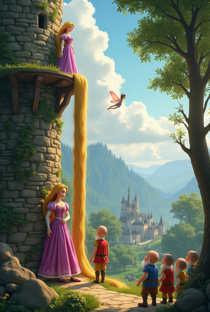 Create a Rapunzel image, snow white , the seven dwarfs and a fairy