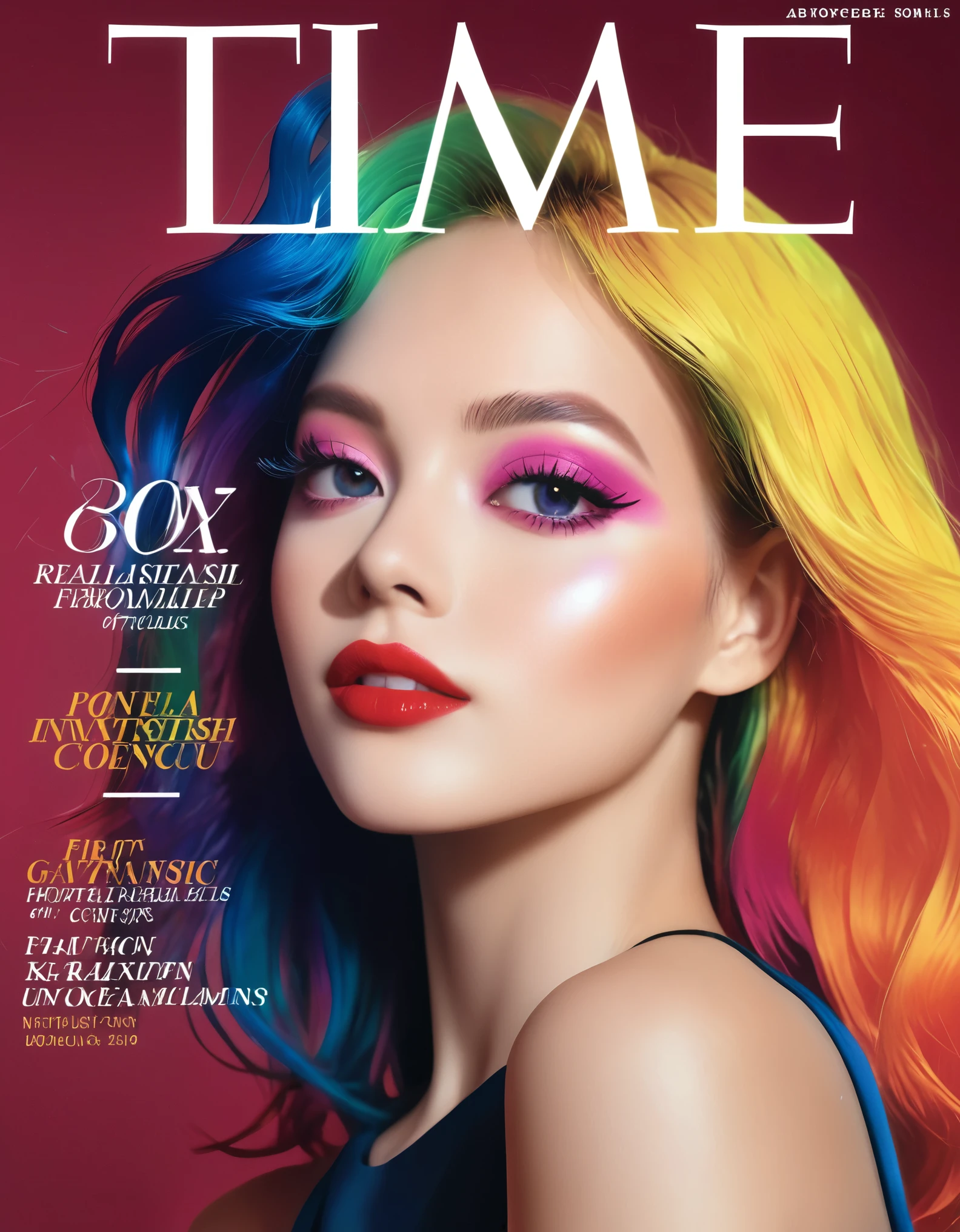 Magazine cover, esthetic, , (A girl with) vibrant colorful hair, Eye-catching pose, Rockstar Outfit edle, confident smile, Dynamic background, (Haute Couture),(realisti),(studio lighting), (best quality,4K,highres), (portrait), (best quality,4K,8k,highres,​masterpiece:1.2),Ultra-detail,(realisti,photorealisti,photo-realisti:1.37), glossy finish, bright colours, captivating design, Professional models,  Fashion Forward, Avant-garde style, innovative concepts, influential personalities, Trend-setting fashion, detailed articles, thought-provoking content, Modern lifestyle, cultural influence, timeless charm, stylish accessories, glamorous photo shoots, international appeal, Diverse perspectives, High-Fashion-Editorials, Exclusive interviews, first-class journalism, exquisite craftsmanship, visual storytelling, captivating cover story, captivating images, iconic fashion brands, Avantgardistisches Make-up, luxurious fabrics, elegant patterns, High quality printing, sophisticated layout, Trendprognose, inspiring pictures, breathtaking artistic direction, Required reading.