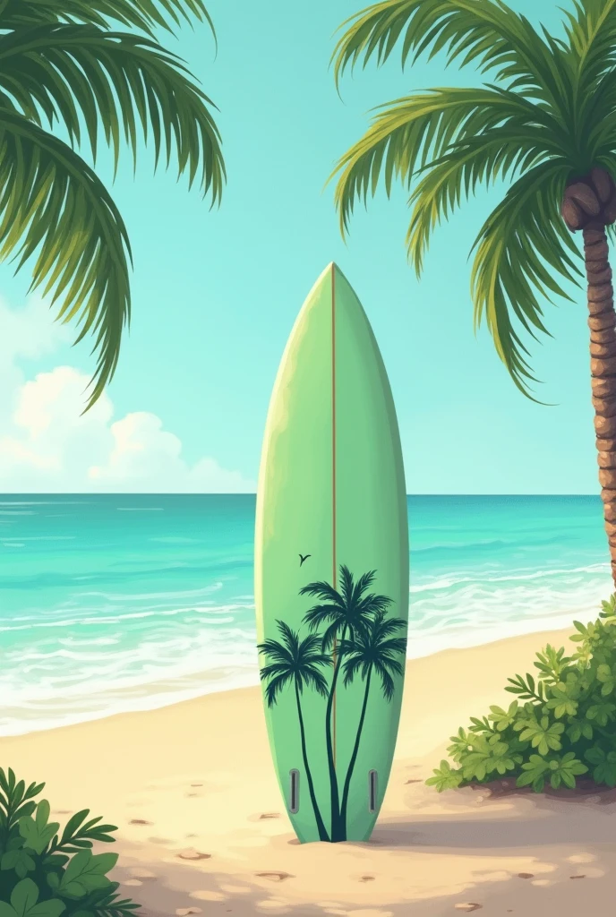 Surf board stand on the beach with green pastel colors and some palm trees painted on the board. Painting style.