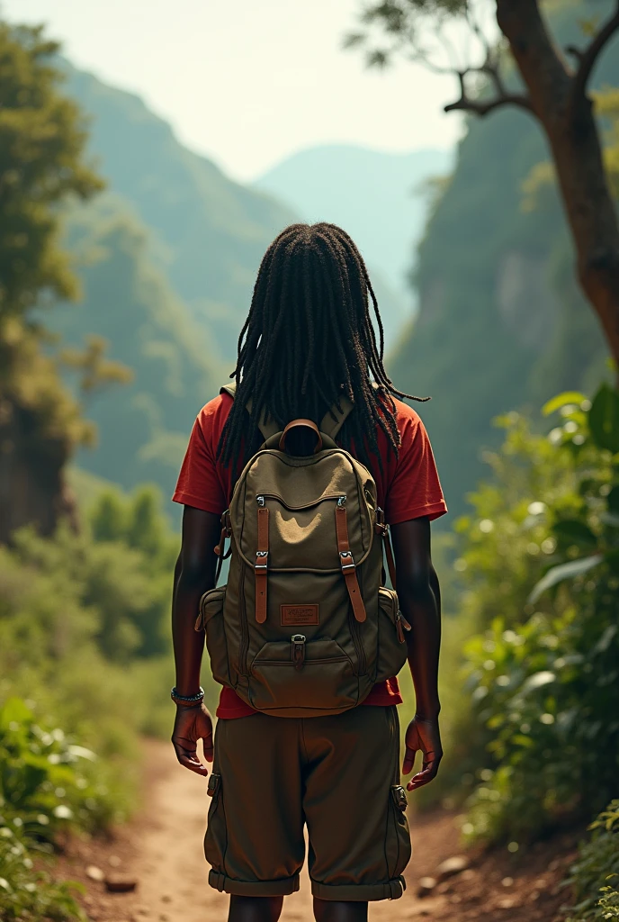 The best tour guide ever. A Rastafarian person with their back to the photo, wearing hiking clothes and a backpack, with long Rastafari down to their legs, dark-skinned with light skin.