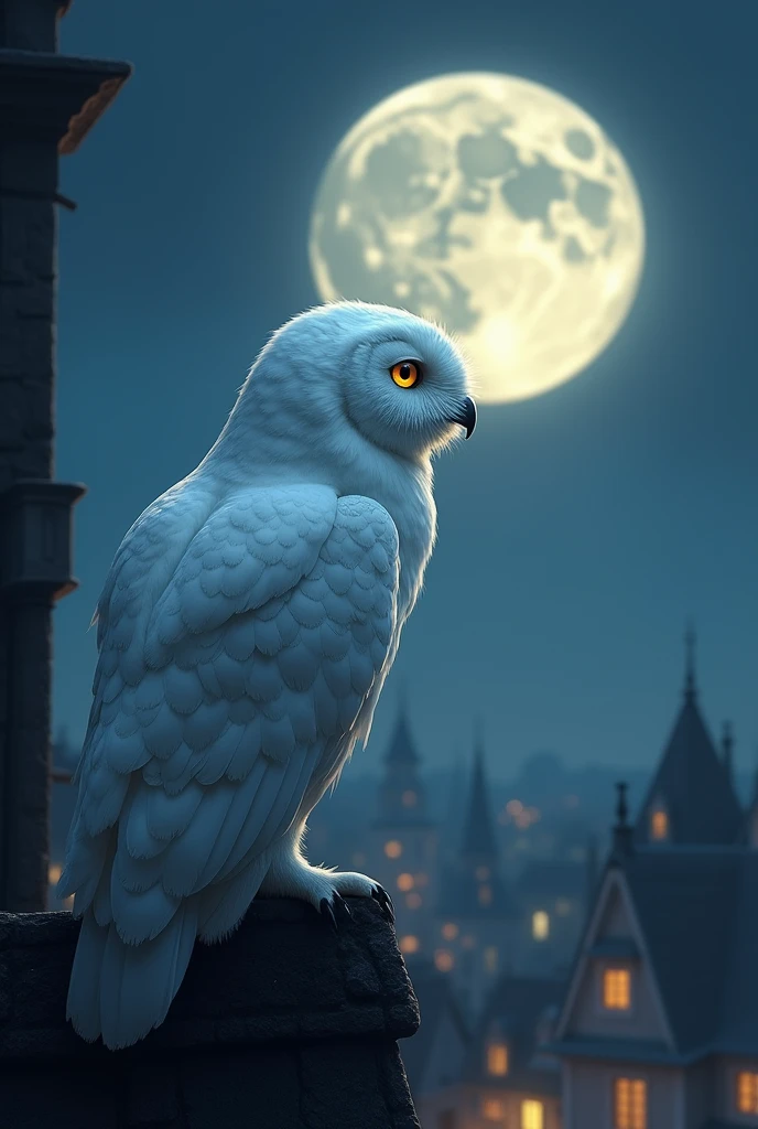 A white owl is looking up at the full moon in the town It's not looking this way It's looking at the full moon with its back turned