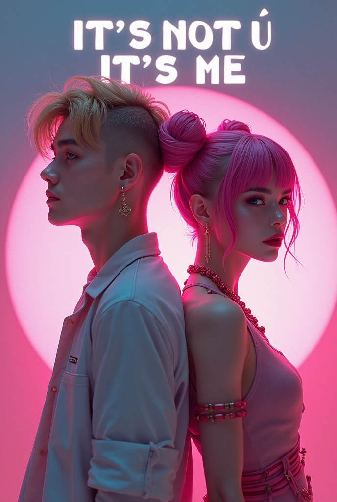 A layer of "IT'S NOT U IT'S ME" presents DJ Tyde West white male, hair blonde, bangs with shaved sides and friendly face, jacket and headphones, and Japanese singer Sakura Rina with pink hair in space buns. The vibrant and dynamic background reflects the song's message of empowerment and self-discovery.. Back to back. realisitic