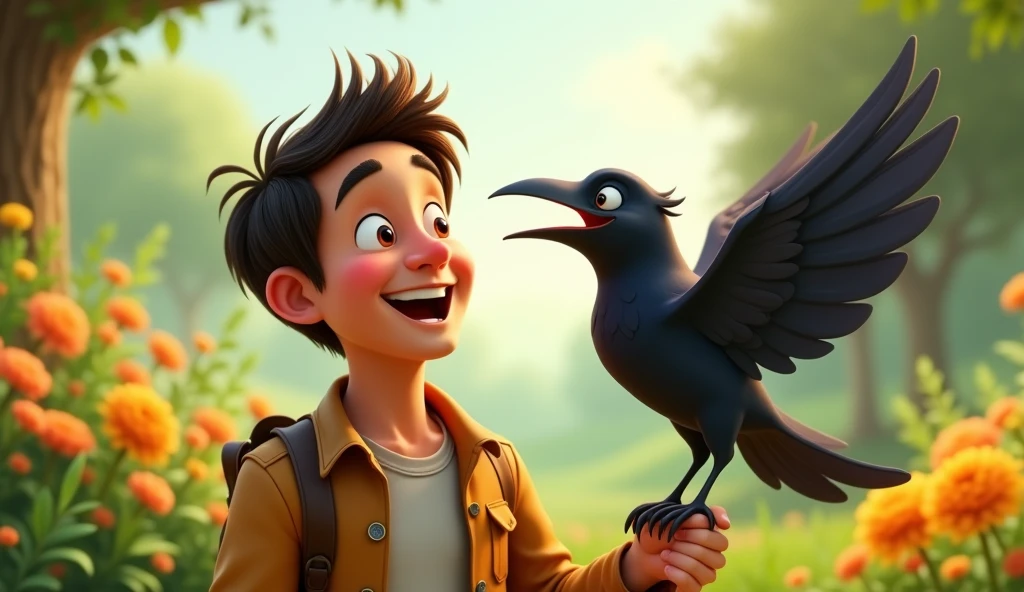 In cinematic 3D cartoon style. Mutual Happiness: A scene showing the man and the crow in a harmonious setting, with the man looking cheerful and the crow appearing happy and colorful, representing the positive impact of their friendship.