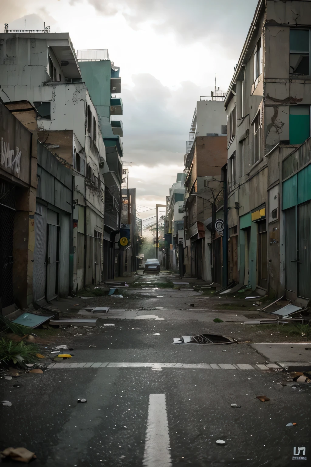 A low angle wide shot of a desolate city street filled with decaying, overgrown vegetation, buildings crumbling and covered in graffiti, zombies aimlessly wandering through the debris, an eerie silence pervading the atmosphere, under a gloomy overcast sky with occasional shafts of sunlight breaking through, shot with a Sony A7S III, 28mm lens, desaturated colors with a hint of greenish hue, com zumbis