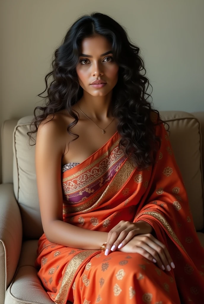 A brunette girl with curly hair and big breasts sits with her legs stretched out, taking a realistic photo in saree
