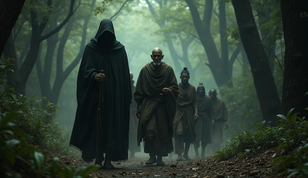 (African folktale) a stranger draped in a cloak of shadow. His face is hidden walking side by side with
An old wise looking King Zolani, dressed in regal but worn-out attire,
With warriors dressed with Zulu outfit
venturing deeper into the forest as the trees grow darker and the path more treacherous.