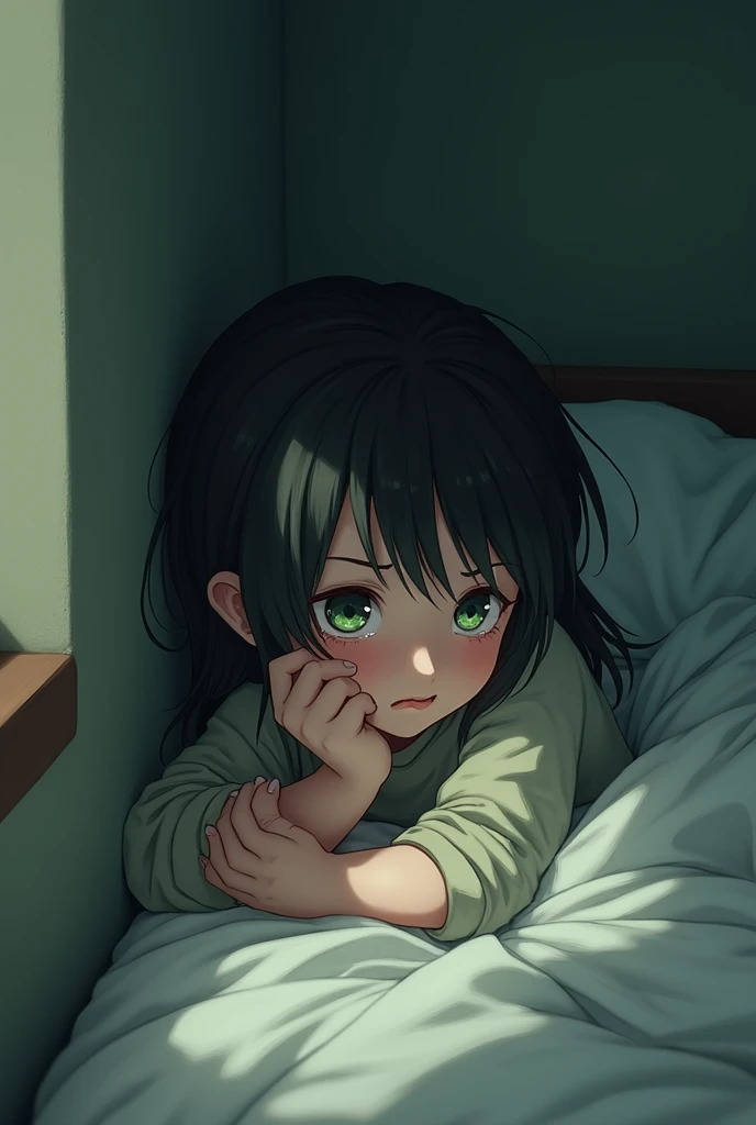 Girl, young black haired girl with green eyes crying in the corner of her bed collapsed on her knees while wiping away tears disheveled pretty not looking directly at the screen third person