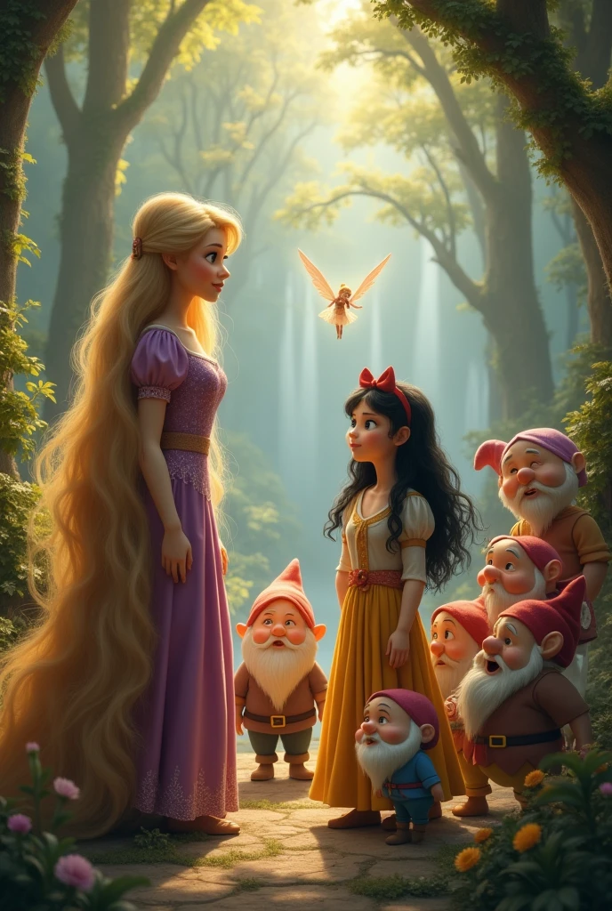 Create a Rapunzel image, snow white , the seven dwarfs and a fairy
