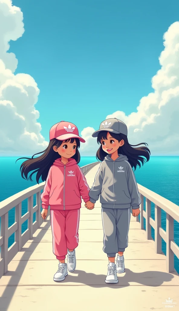 Two girls long black hairs, yuri,
(The first girl wear a pink adidas pants, pink cap)
(The second girl wore a grey adidas pants, grey cap)
white socks, white adidas sneakers, holding a hands, smiles, walking on the long bridge, blue sky, ocean, novel cartoon, 4K, HD