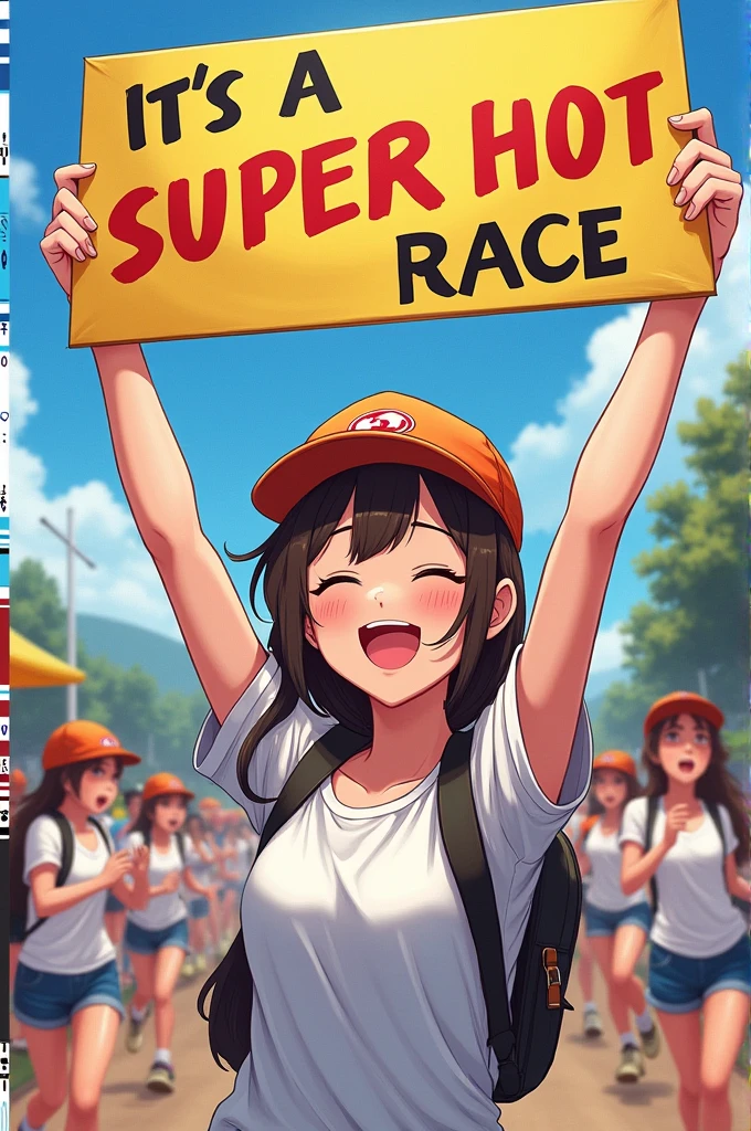 A cute, younger sister type woman holding up a sign "It's a super hot race", Joyful, Happy, Anime illustration, Realistic, oil