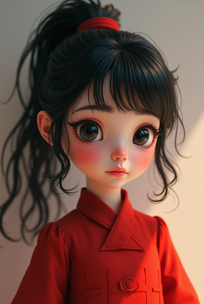 A black-haired teenager with a ponytail and bangs,eyes black,white,chubby mouth,lifelike face,with a red dress,and be a fairy