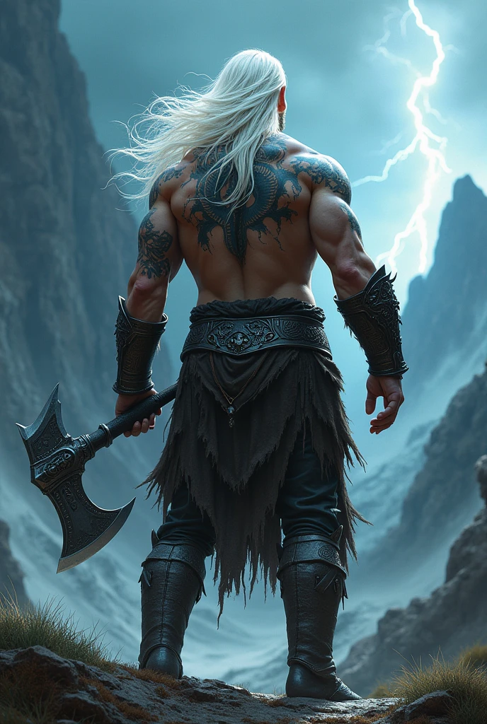 A realistic image of a muscular warrior from behind, armored only from the waist down., on his back a dragon tattoo that glows, along with a lightning storm that falls in the background of the image near mountains. The warrior has long white hair and in one hand he holds a large double-bladed axe with runic inscriptions on its handle..