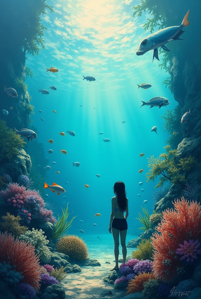 (((Beautiful under the sea))) Shaft of sunlight penetrating the surface of the sea, Illuminate the world hidden below, 魅惑的なwater中シーンを作成する. Vertical panorama, Ultra-wide angle view. Ultra-high resolution, masterpiece, Award-winning photo,In the sea，water，Bubble