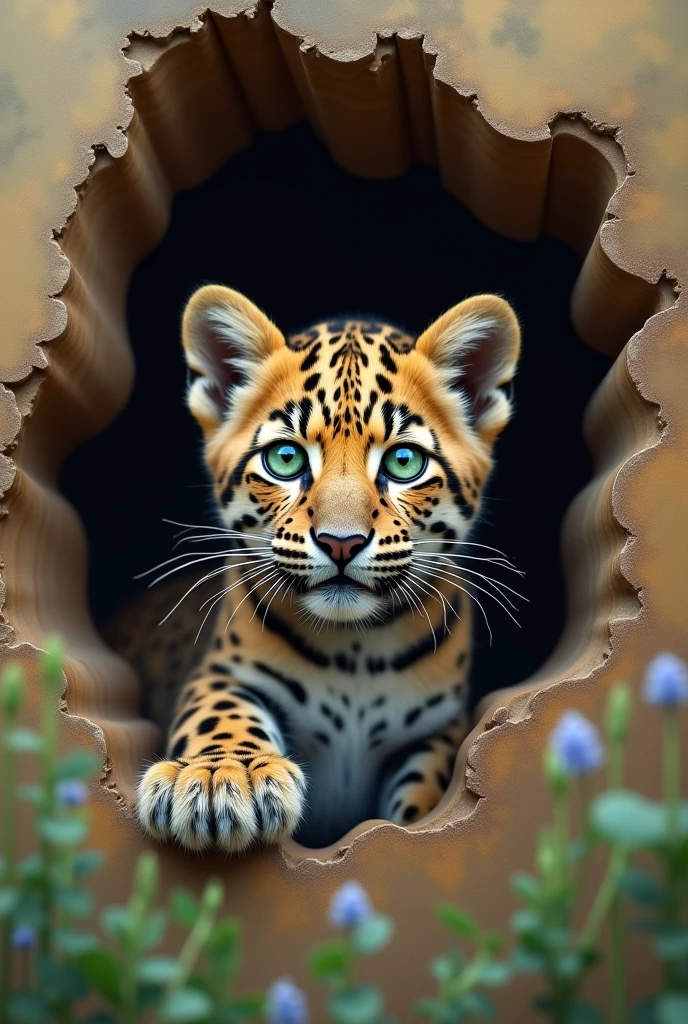 Photograph of a leopard cub with the head and right front paw sticking out of the sheet, as if it were coming out of the painting. good lighting, Best Quality, sharp focus, perfect green eyes, well detailed eyes, Best Quality. super realistic, without breaking the frame, just as if passing from one side to the other magically. In the background you can see the mother watching her cub..