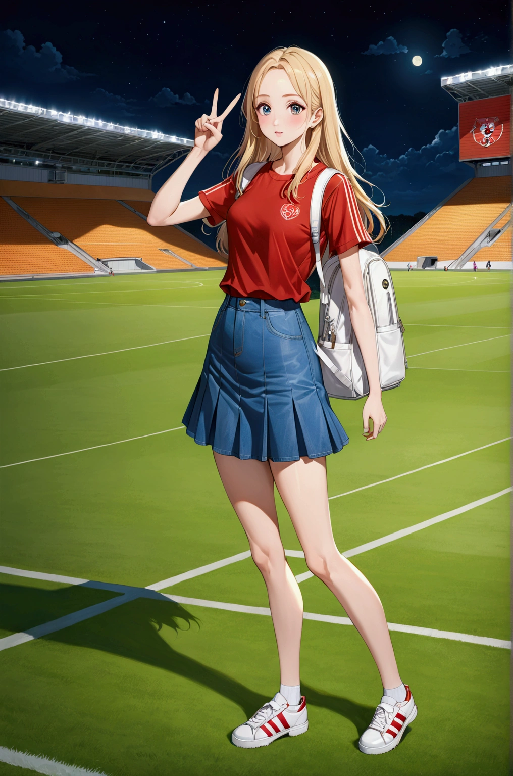 realistic anime illustration of adorable blonde young woman at soccer stadium, v sign gesture hand, carrying white backpack, night scece, she has a long hair and forehead, she wearing red-black vertical striped soccer t-shirt, blue denim a-line mini skirt, white sneakers (1girl, solo, full body), (masterpiece, best quality, japanese anime style), (expressive eyes, perfect face)