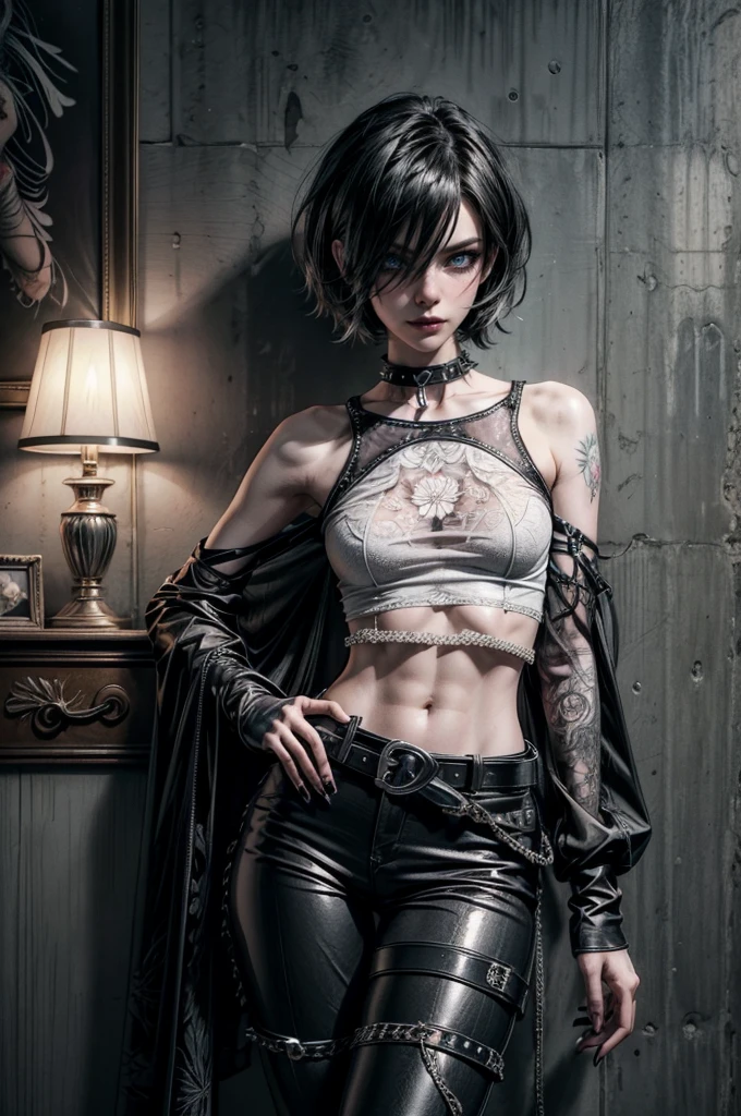 (Detailed illustrations, Very detailed and detailed drawing, Delicate lines with slow and rapid, Realistic texture expression), One woman with very short white hair with black tips, ( emo hairstyle, ), goth, pale white skin, evil smirk, (girls bedroom background), dark lighting, cold atmosphere, lore_Emma , blue eyes , dark eyeliner, (ultra dark glossy black lipstick), bored expression, gorgeous face , super cute, 18 years old , hyper detailed face, (super skinny figure , small breast, thin waist), back leaning against wall, one raised arm behind head, slim legs, slim hips, LowriseXL, (ultra low rise wet look shiny leather pants with transparent flower pattern), (mesh shirt with flower pattern under bare shoulder white t-shirt), black choker, vulva tattoo, (white lotus flower in hair), ((flower pattern tattoo)), fingerless leather gloves, (black nail polish), faded tattoo's, ((thigh belt)), ((hip chains)), ((belt hanging on hip)), ((many studded belts))