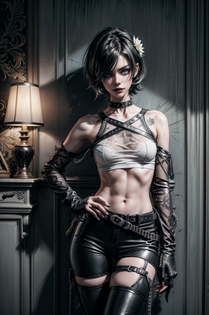 (Detailed illustrations, Very detailed and detailed drawing, Delicate lines with slow and rapid, Realistic texture expression), One woman with very short white hair with black tips, ( emo hairstyle, ), goth, pale white skin, evil smirk, (girls bedroom background), dark lighting, cold atmosphere, lore_Emma , blue eyes , dark eyeliner, (ultra dark glossy black lipstick), bored expression, gorgeous face , super cute, 18 years old , hyper detailed face, (super skinny figure , small breast, thin waist), back leaning against wall, one raised arm behind head, slim legs, slim hips, LowriseXL, (ultra low rise wet look shiny leather pants with transparent flower pattern), (mesh shirt with flower pattern under bare shoulder white t-shirt), black choker, vulva tattoo, (white lotus flower in hair), ((flower pattern tattoo)), fingerless leather gloves, (black nail polish), faded tattoo's, ((thigh belt)), ((hip chains)), ((belt hanging on hip)), ((many studded belts))