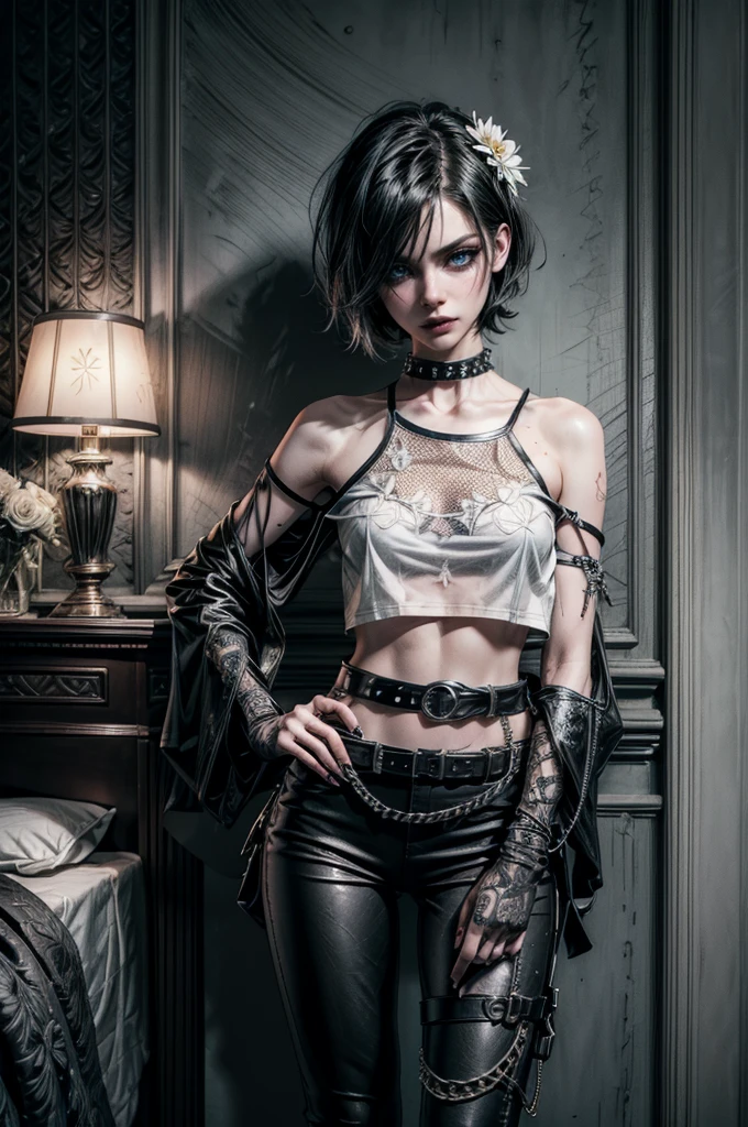 (Detailed illustrations, Very detailed and detailed drawing, Delicate lines with slow and rapid, Realistic texture expression), One woman with very short white hair with black tips, ( emo hairstyle, ), goth, pale white skin, evil smirk, (girls bedroom background), dark lighting, cold atmosphere, lore_Emma , blue eyes , dark eyeliner, (ultra dark glossy black lipstick), bored expression, gorgeous face , super cute, 18 years old , hyper detailed face, (super skinny figure , small breast, thin waist), back leaning against wall, one raised arm behind head, slim legs, slim hips, LowriseXL, (ultra low rise wet look shiny leather pants with transparent flower pattern), (mesh shirt with flower pattern under bare shoulder white t-shirt), black choker, vulva tattoo, (white lotus flower in hair), ((flower pattern tattoo)), fingerless leather gloves, (black nail polish), faded tattoo's, ((thigh belt)), ((hip chains)), ((belt hanging on hip)), ((many studded belts))